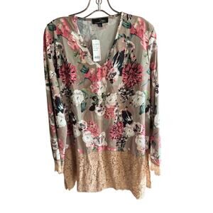 0303 NWT Suzanne Betro XL Floral & Lace Tunic Blouse MSRP $77